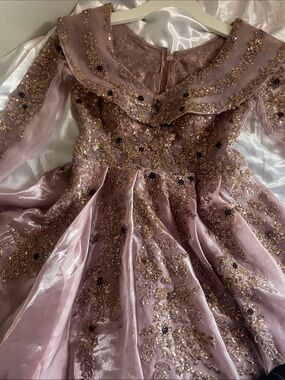 Embellished Lavender Pink Formal Gown with Gold Accents